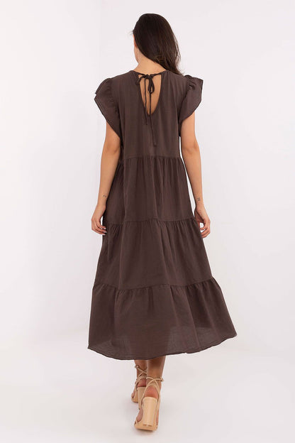 Och Bella cotton daydress, dark brown tiered midi, back tie keyhole