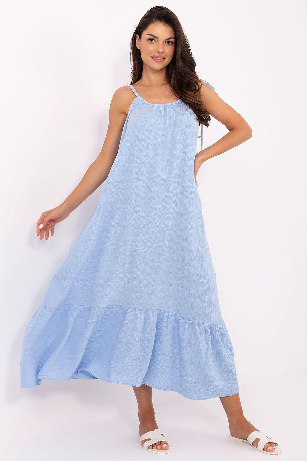 Blue muslin cotton midi daydress with square neckline and tiered hem, spaghetti straps