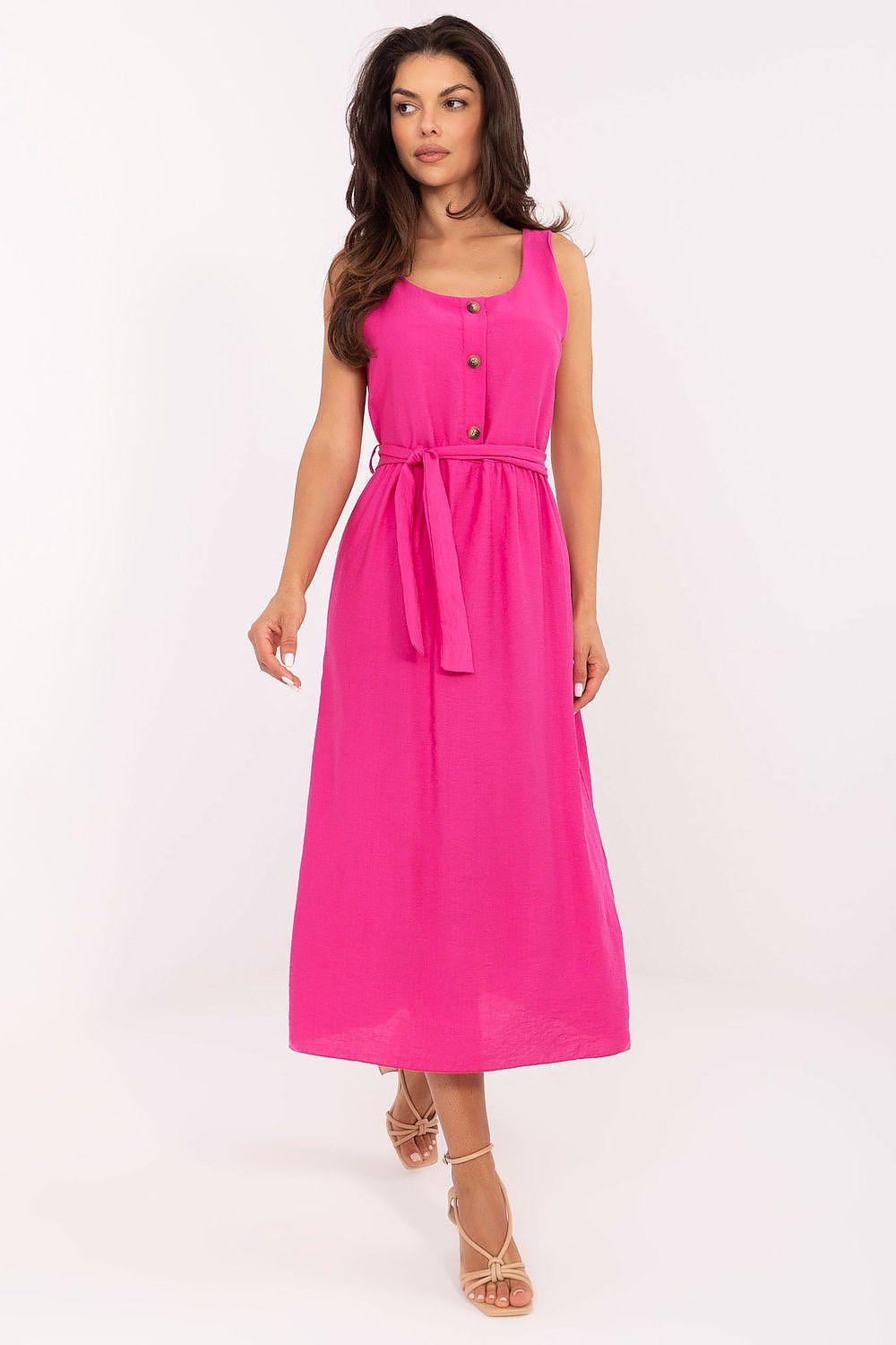 Pink sleeveless midi daydress with button front, waist tie, and flared skirt