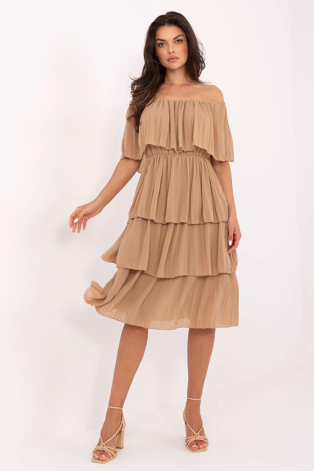 Brown tiered off-shoulder cocktail dress with layered ruffles and short sleeves