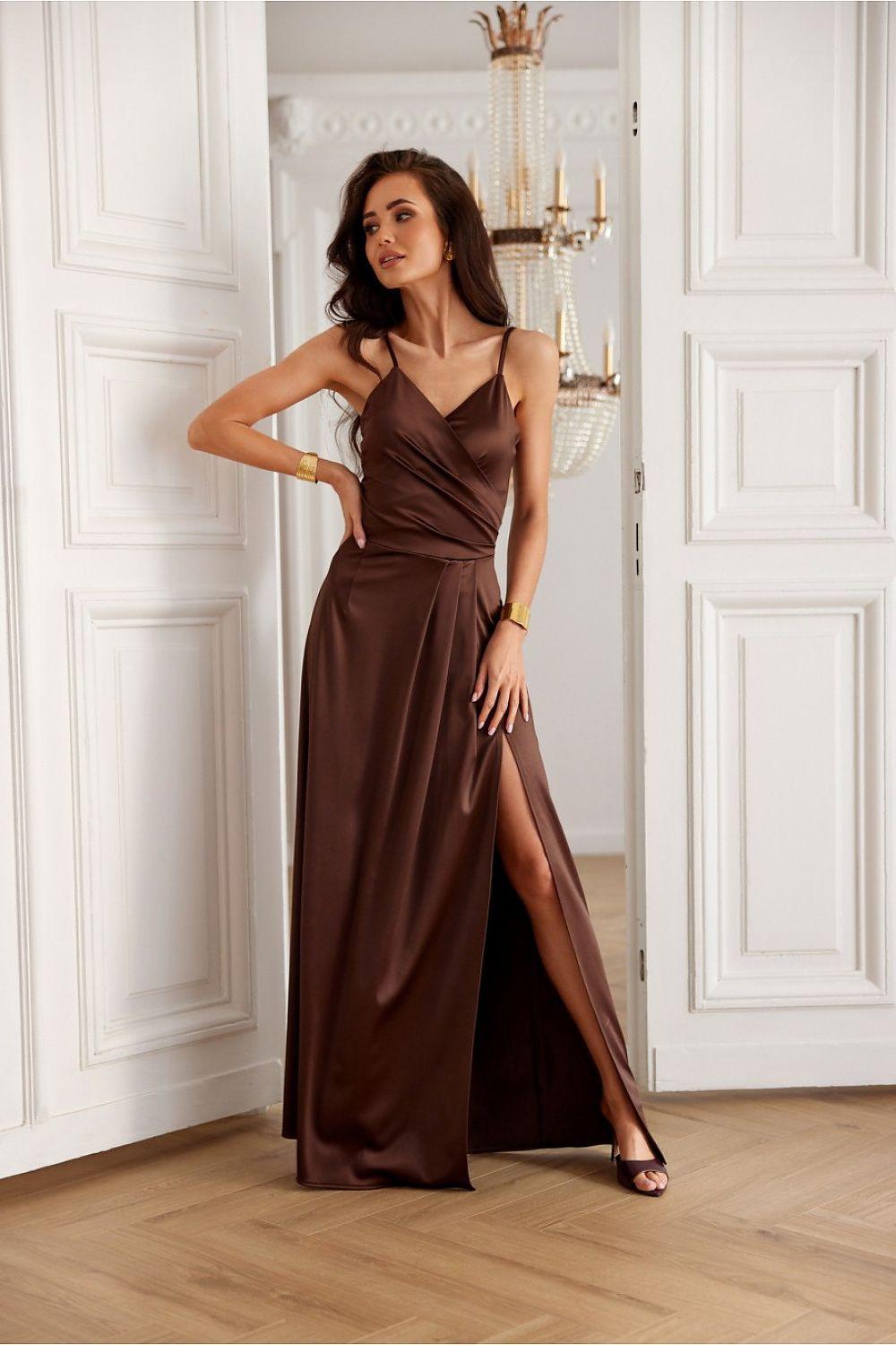 Long satin dress, dark brown, spaghetti straps, V-neck, side slit