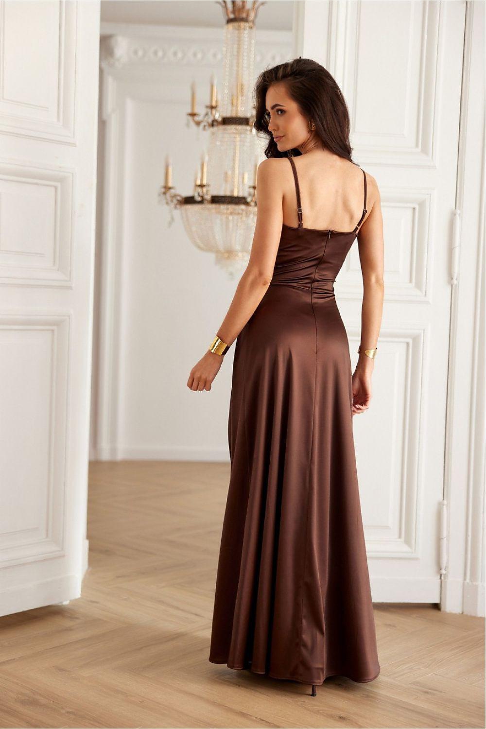 Long satin dress, dark brown, strappy back, side slit