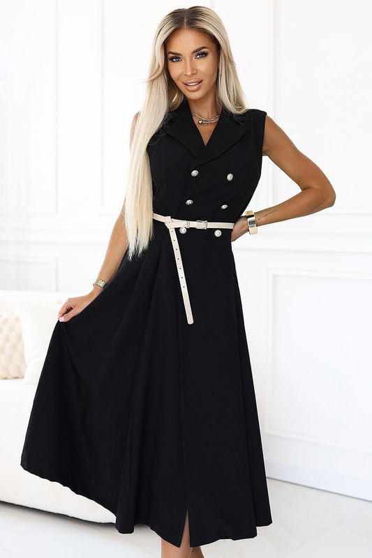 Black sleeveless daydress, double-breast buttons, notched collar, white tie belt