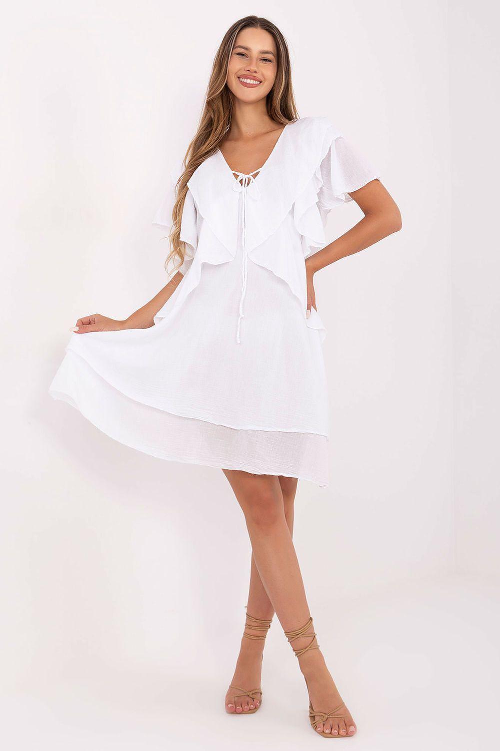 White cotton daydress with ruffle tiers and short sleeves, V-neck bodice