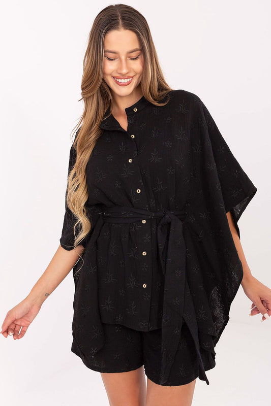 Black muslin cotton shirt and shorts set, button-front top with loose shorts