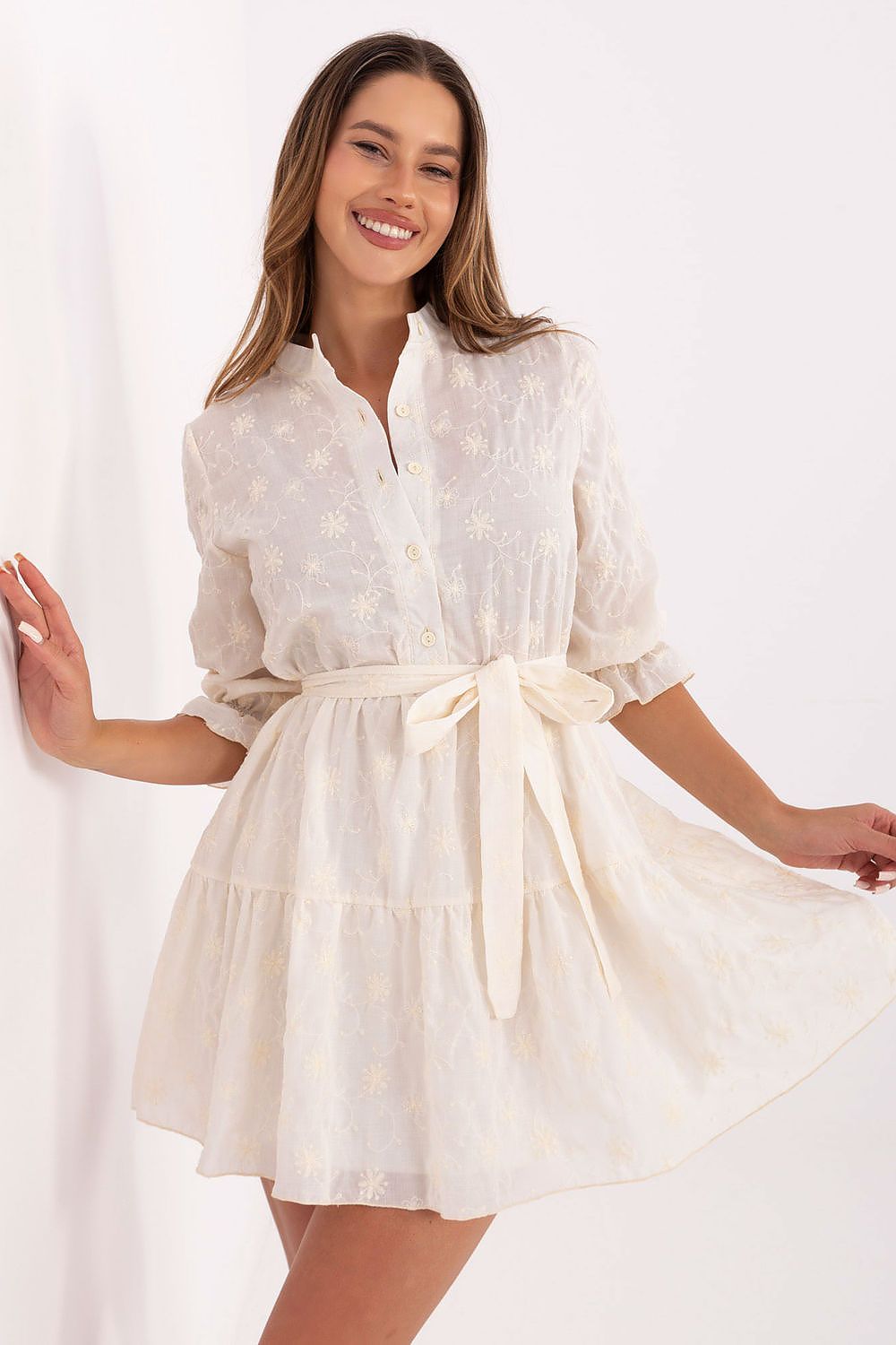 White cotton embroidered flare mini dress with button-front and self-tie belt