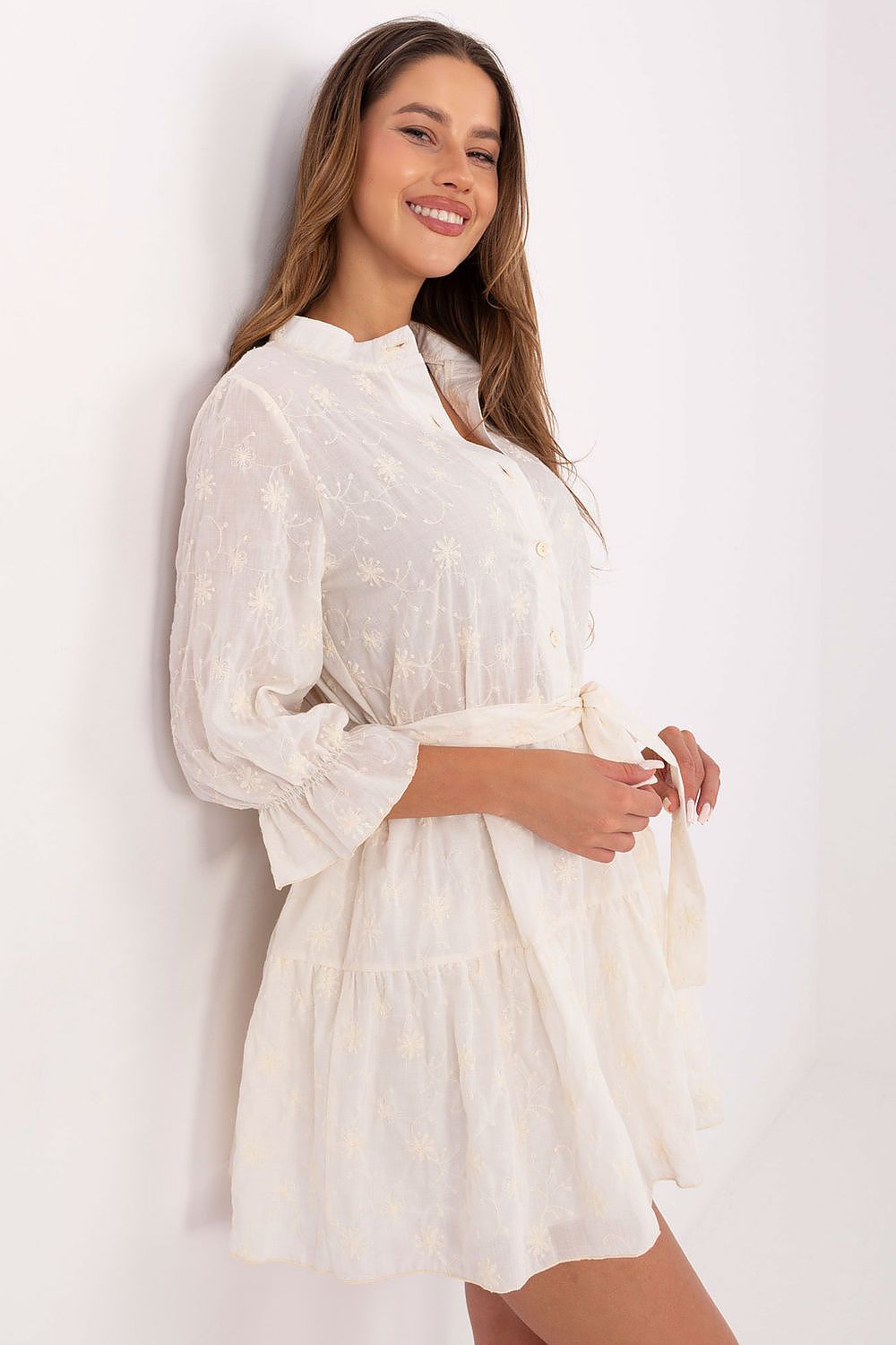 White cotton embroidered flare mini dress with button-front bodice and self-tie belt