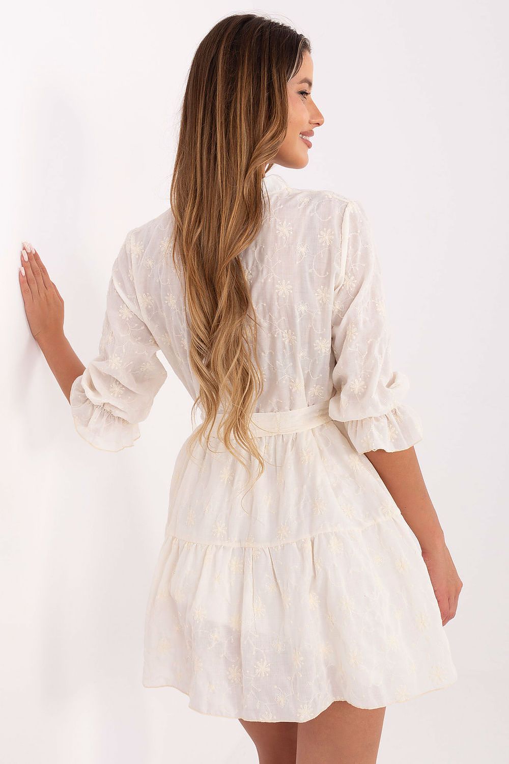 White cotton embroidered flare mini dress with gathered waist and tiered ruffle skirt