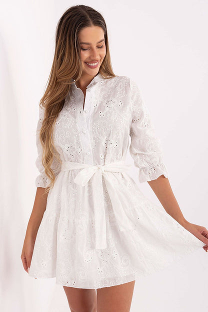 White cotton embroidered flare mini dress with eyelet-style detailing and self-tie belt