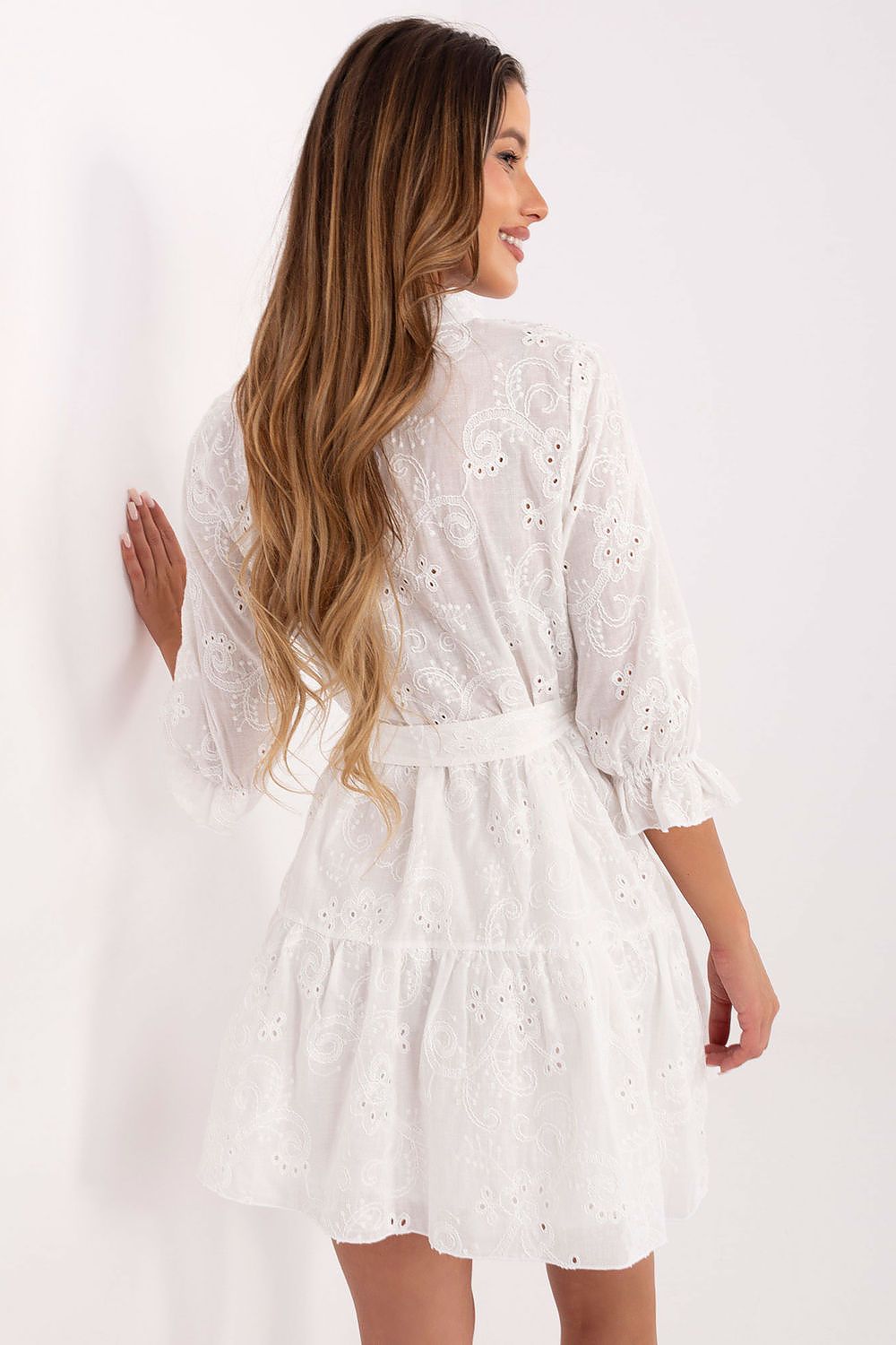 White cotton embroidered flare mini dress with tiered ruffle skirt and self-tie belt