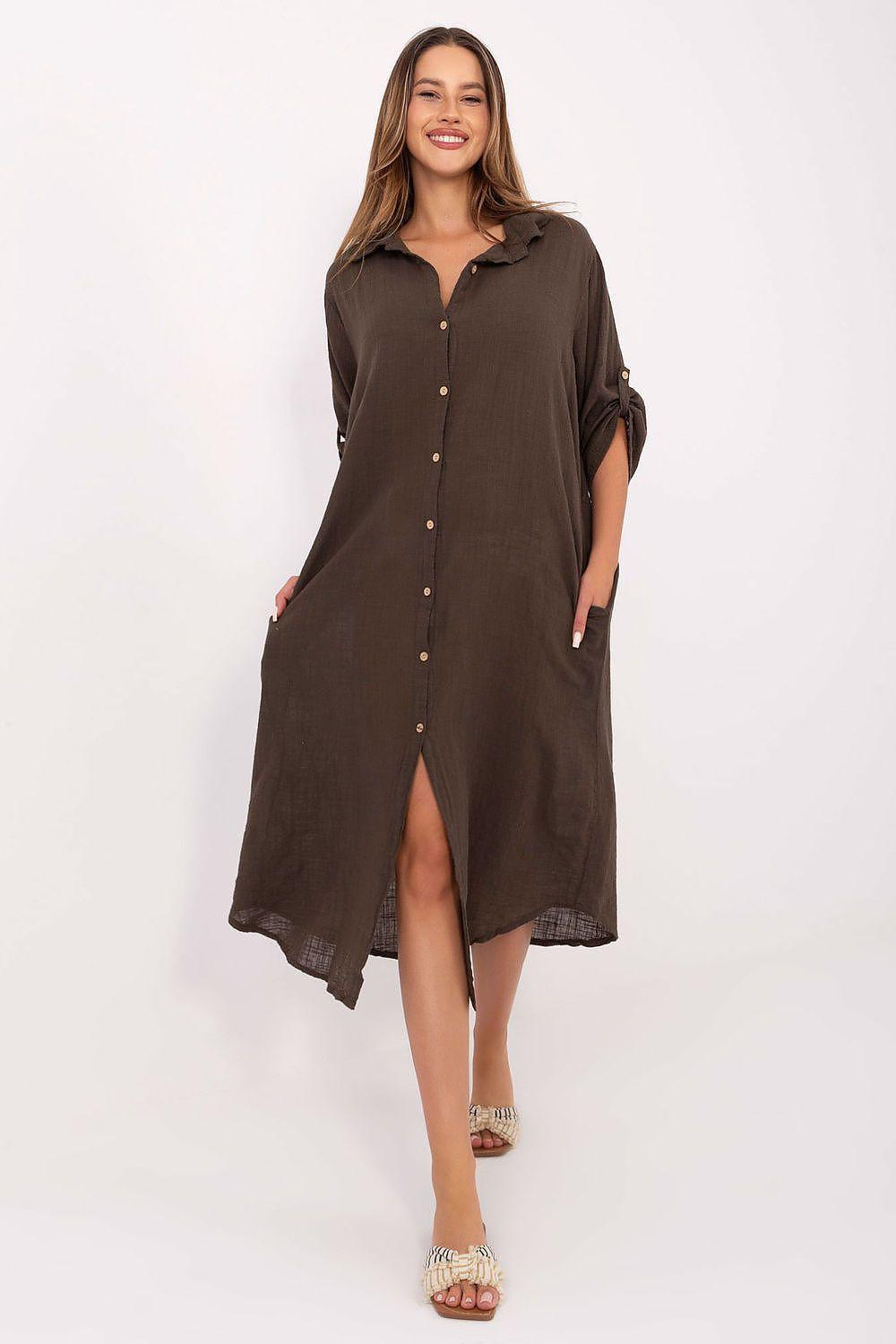 Brown cotton oversized shirt midi dress with button front, collar, and side slit hem