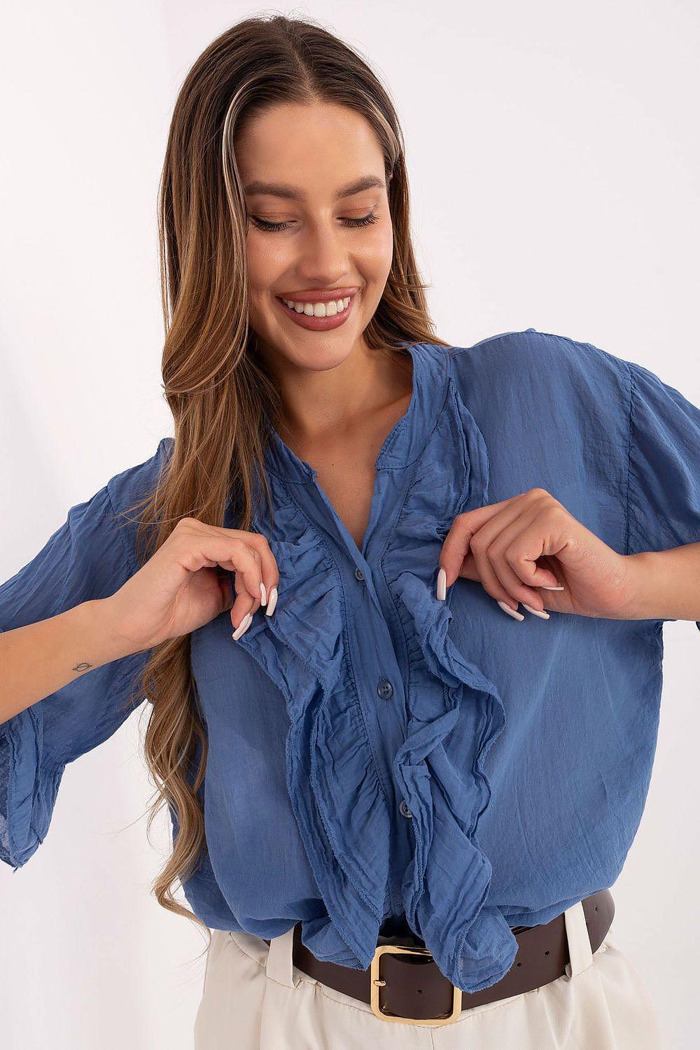 Blue ruffled button-up shirt with V-neck and short sleeves