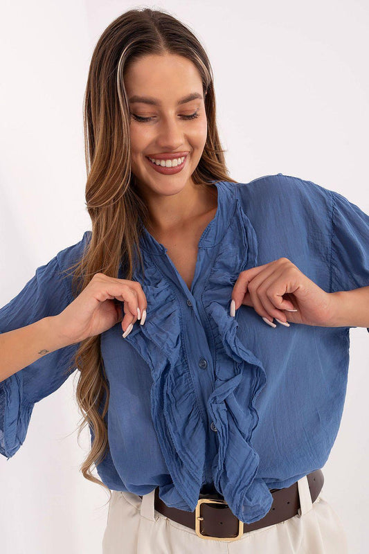 Blue ruffled button-up shirt with V-neck and short sleeves
