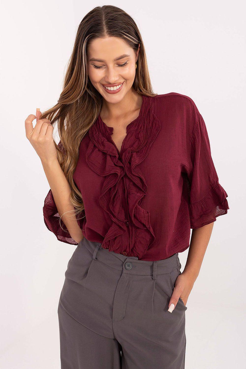 Burgundy ruffled button-up shirt with V-neck and short sleeves