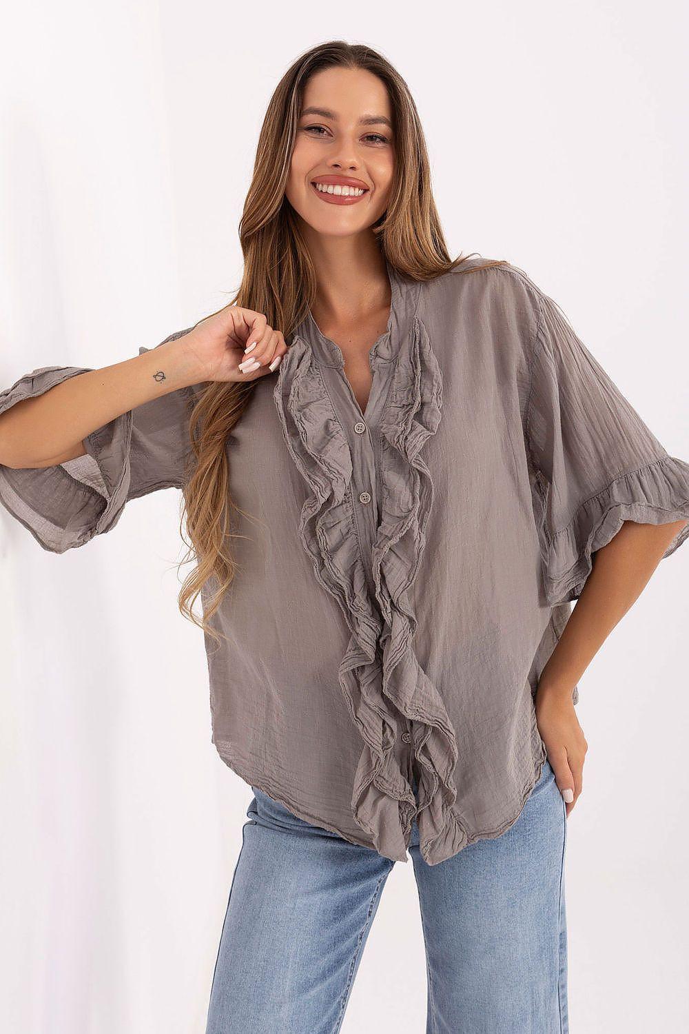 Boho cotton shirt with ruffled front and 3/4 sleeves, taupe