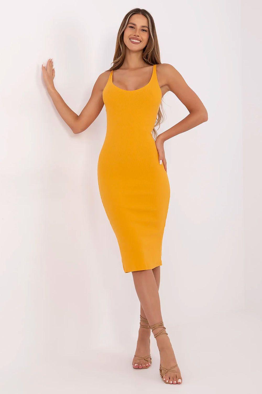 Orange sleeveless daydress with scoop neckline, fitted midi length and front slit