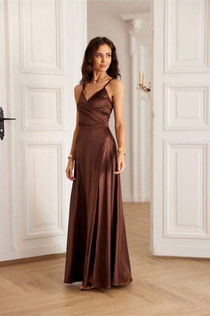 Dark brown long satin dress with spaghetti straps, fitted skirt, side slit