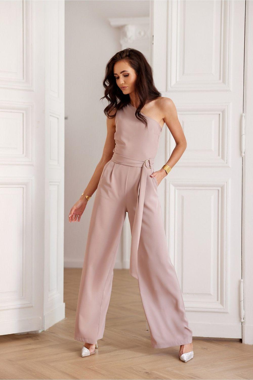 Roco Fashion Model 215831 blush wide-leg jumpsuit with halter neckline and waist tie