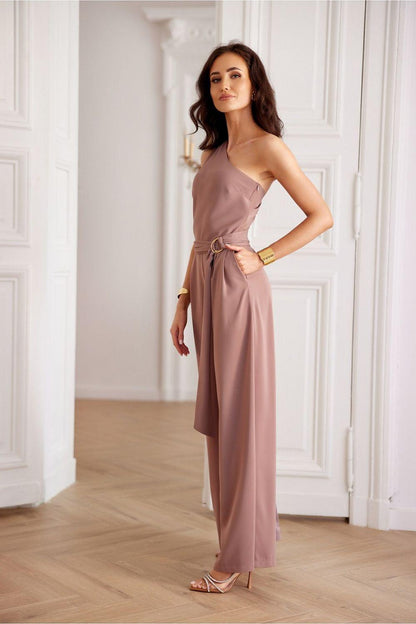 Roco Fashion Model 215831 blush halter jumpsuit with fitted waist and wide pant legs