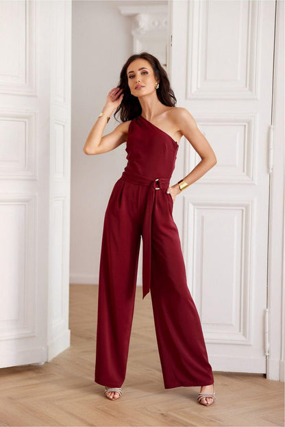 Roco Fashion one-shoulder jumpsuit, red, wide-leg pants with waist tie belt