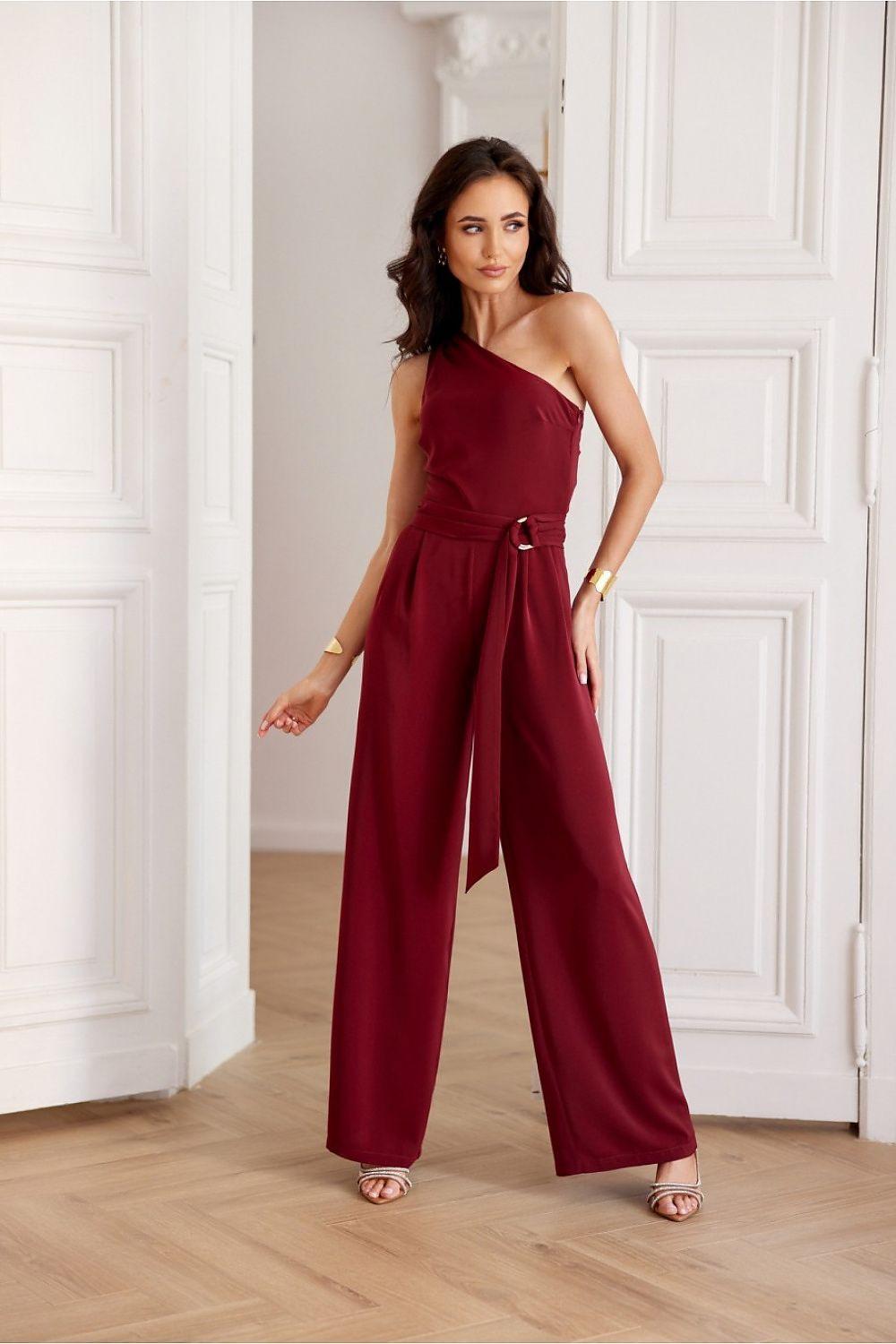 Roco Fashion one-shoulder jumpsuit, burgundy, wide-leg pants with tied waist