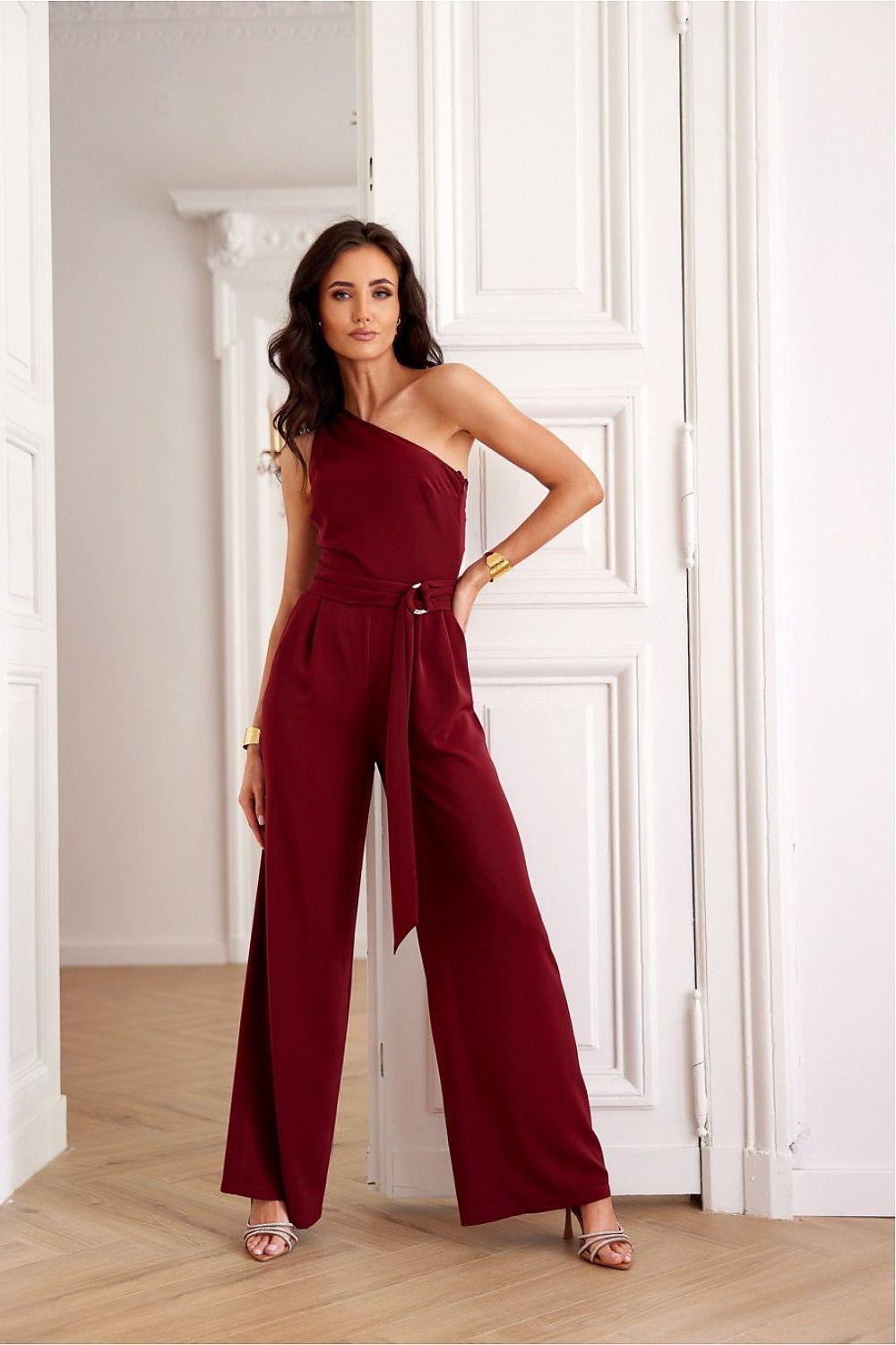 Roco Fashion one-shoulder jumpsuit, dark red, wide legs with waist tie