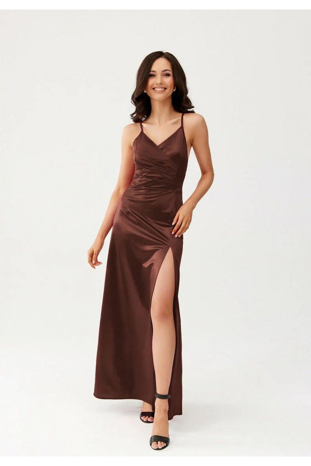 Long satin dress, V-neck spaghetti straps, ruched bodice and side slit, dark brown