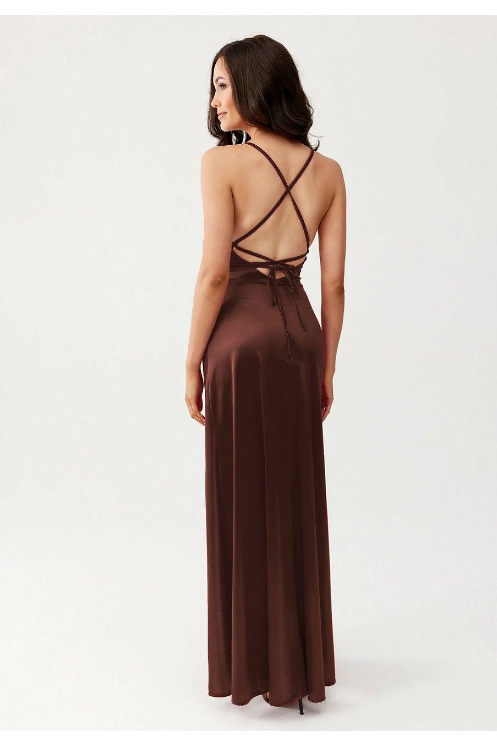 Long satin backless dress with crisscross straps, ruched waist, dark brown