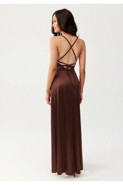 Long satin backless dress with crisscross straps, ruched waist, dark brown