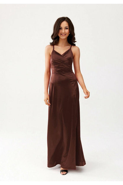 Long satin dress with V-neck spaghetti straps, ruched detailing, dark brown