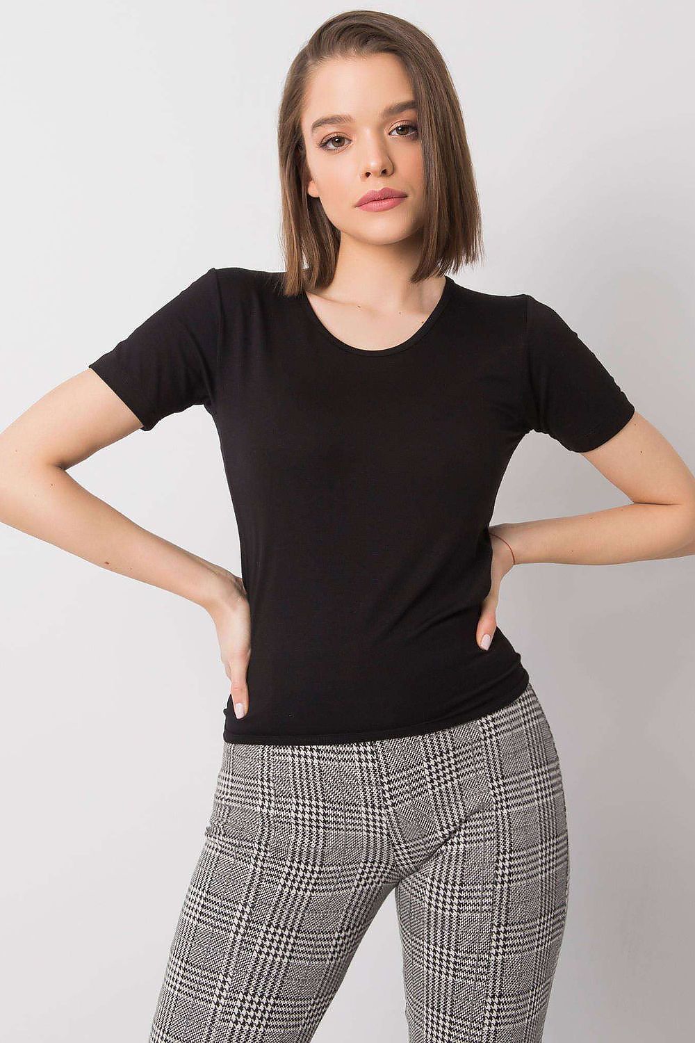 Black short-sleeve blouse with round neckline and fitted silhouette