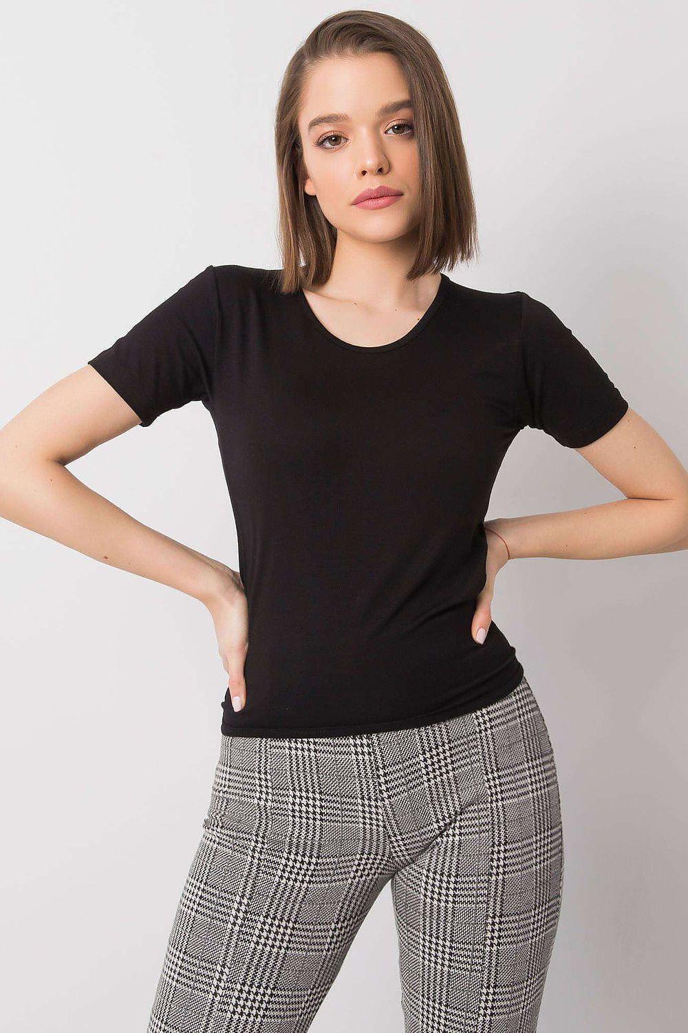 Black short-sleeve crewneck blouse with fitted silhouette.