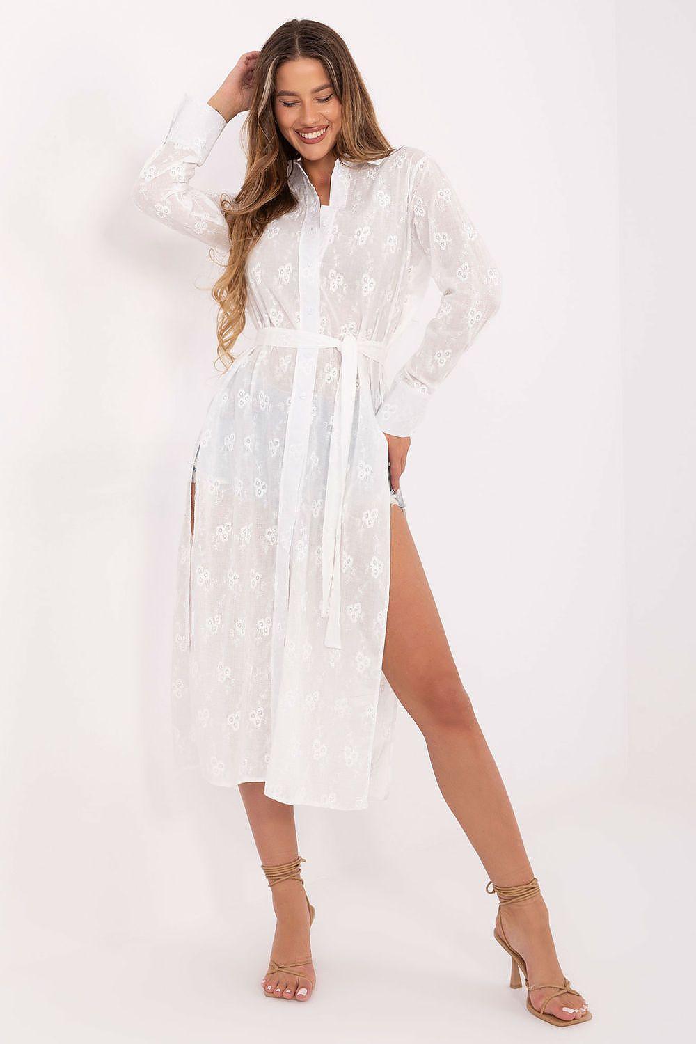 Lakerta belted long-sleeve shirt, white with subtle allover pattern, front tie waist