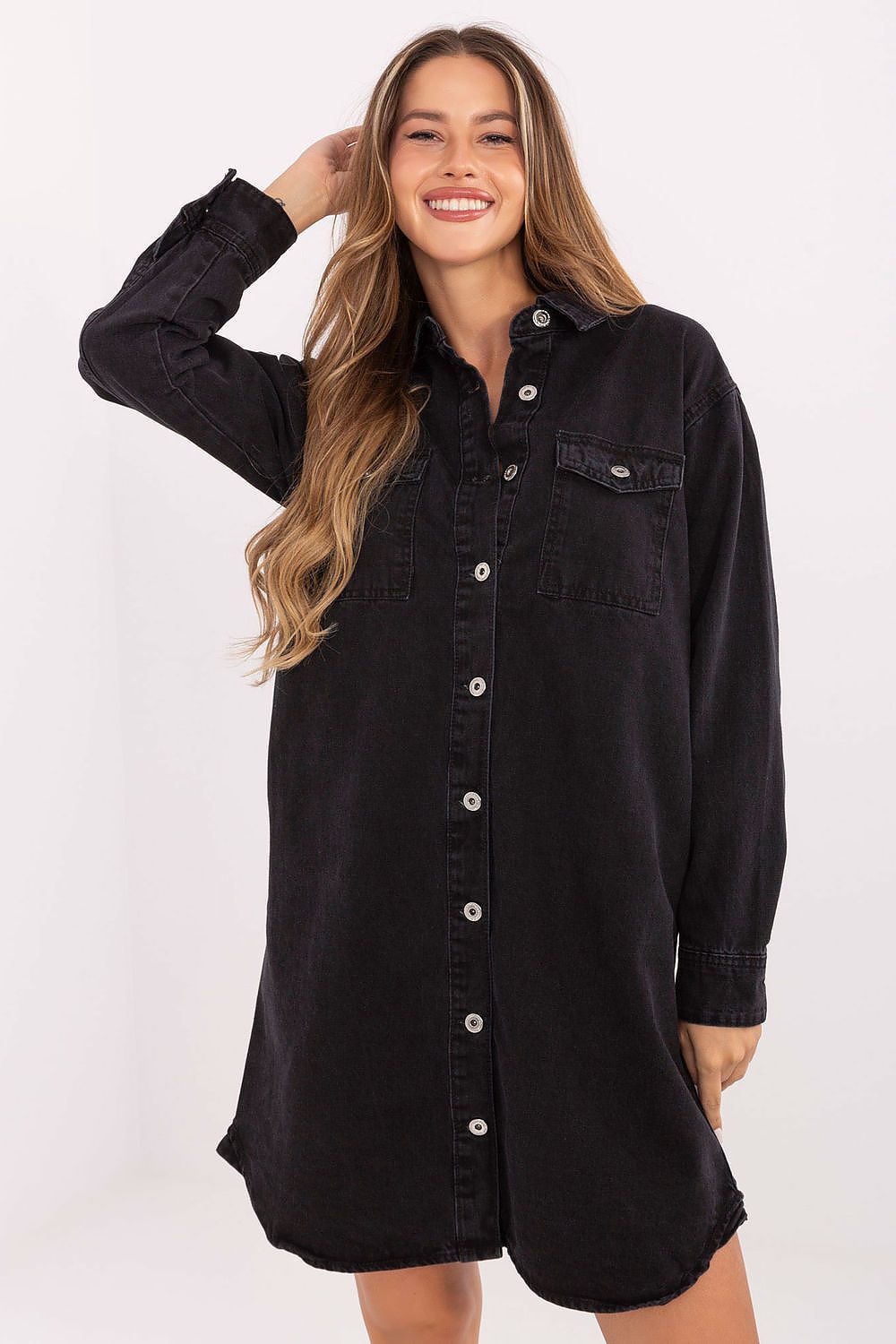 Black denim long-sleeve button-front shirt dress with chest pockets