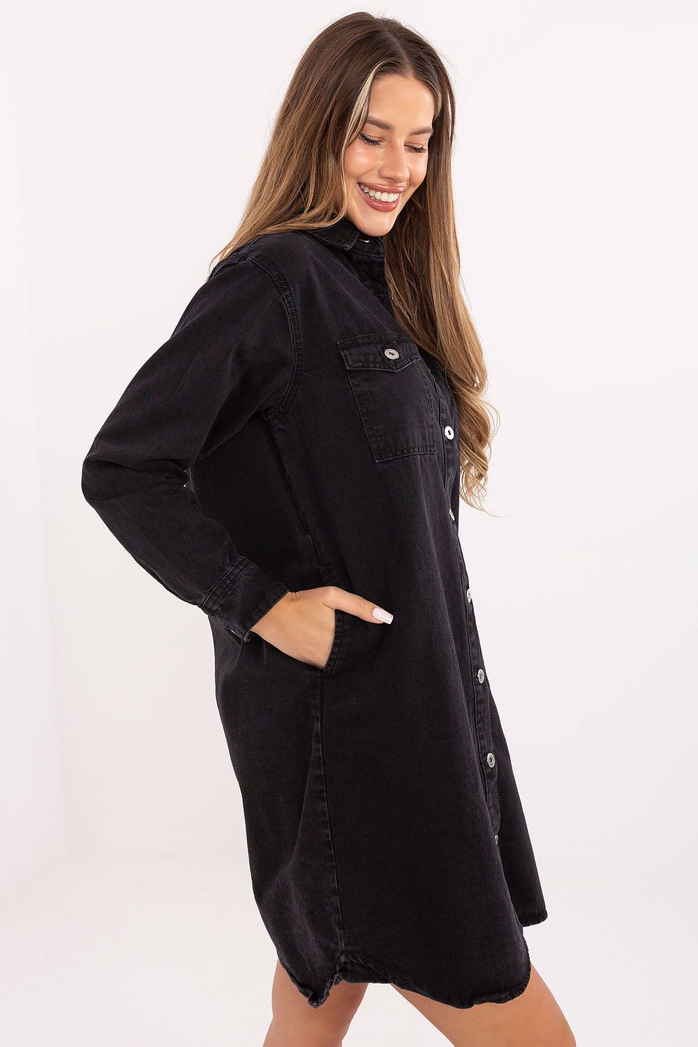 Black denim long-sleeve shirt dress with button placket and pockets, front view