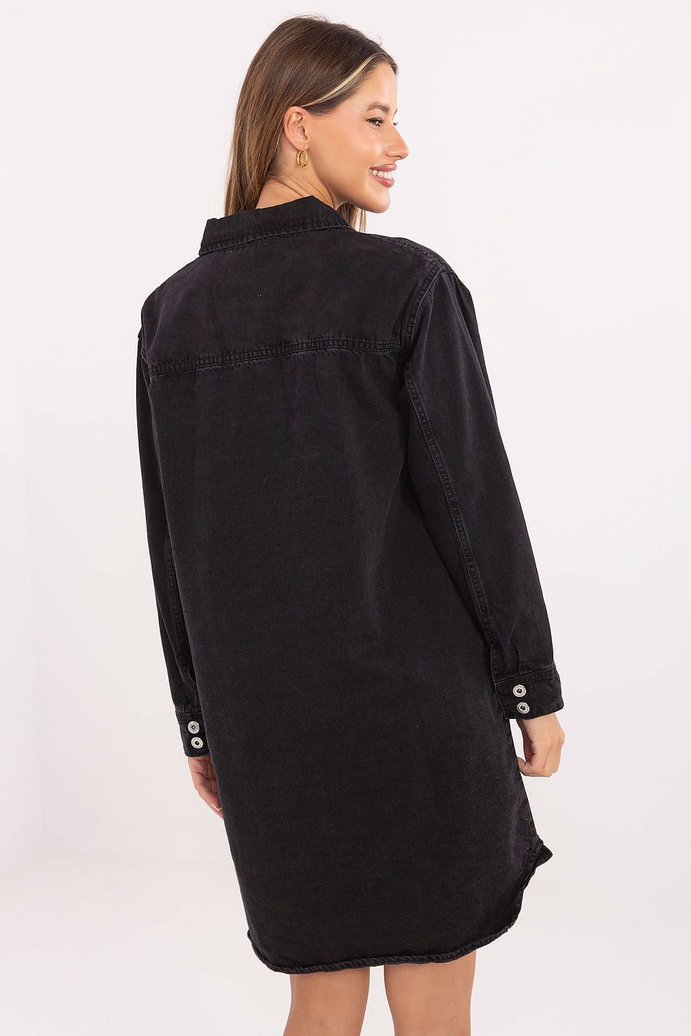 Black denim long-sleeve shirt dress, button placket and back yoke detail
