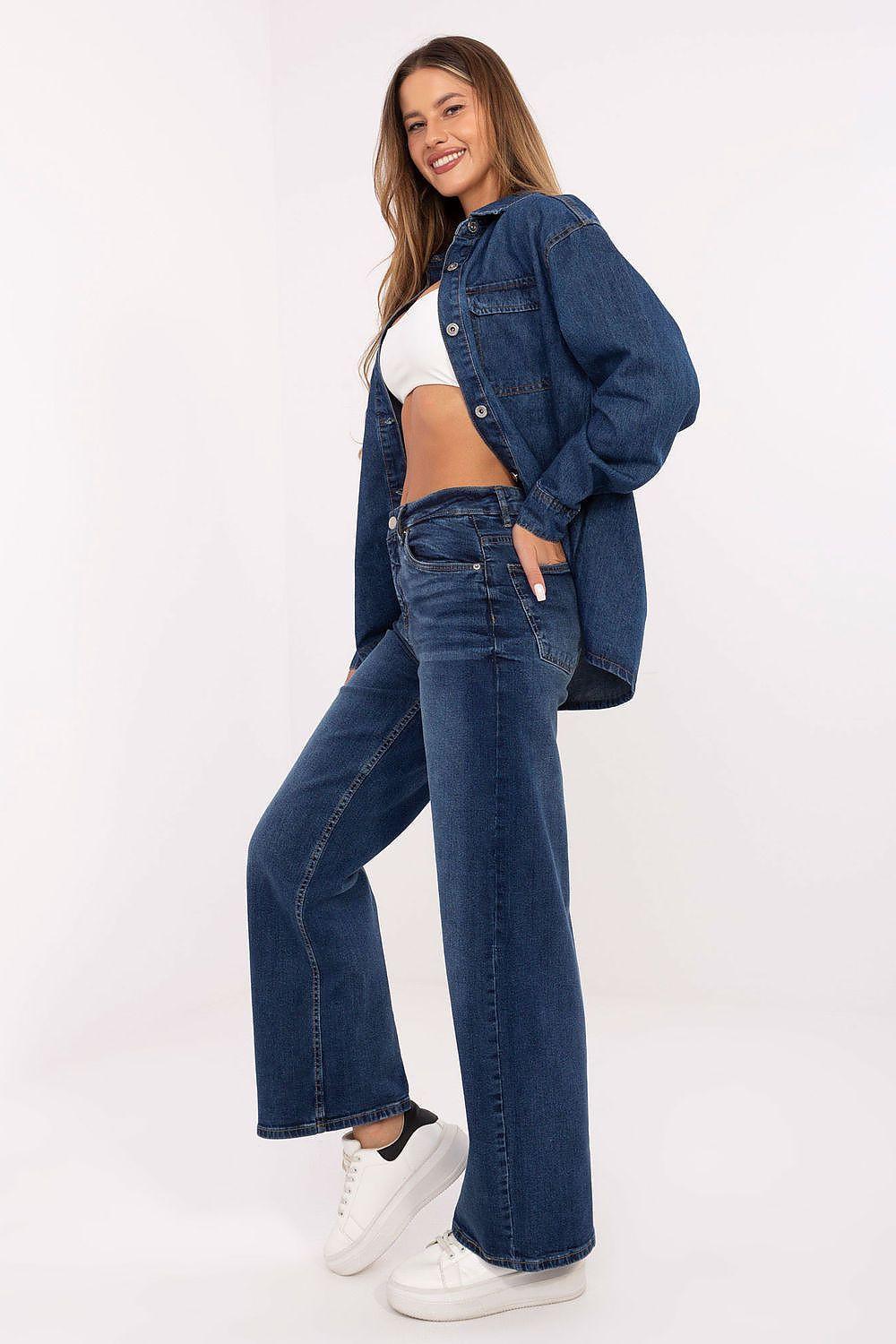 Blue denim jeans with button fly, wide straight legs, and front/back pockets