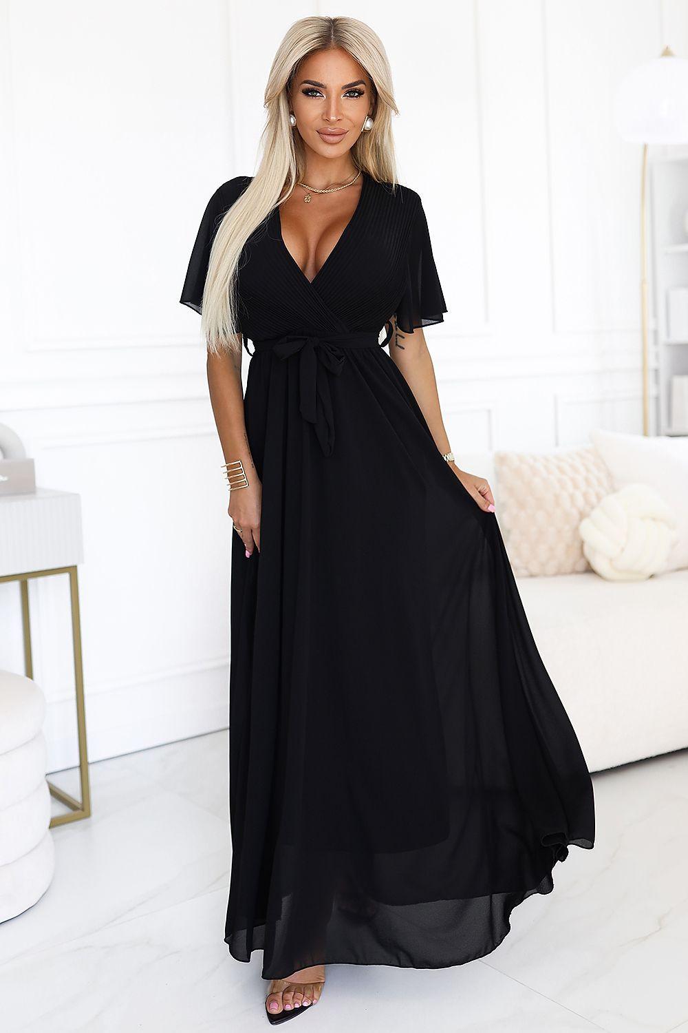Black wrap V-neck cocktail dress with tie waist and flowing maxi skirt