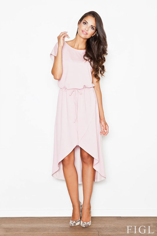 Pink daydress with short sleeves, gathered waist, asymmetric layered hem