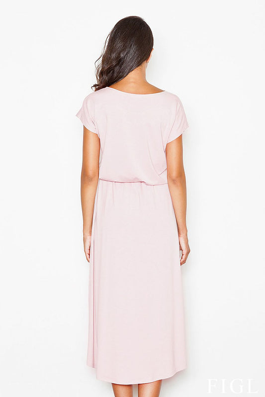 Pink daydress with short sleeves and gathered waist, longer straight back hem