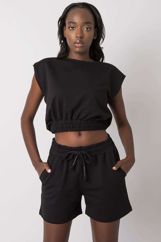 Black womens crop top and drawstring shorts set with elastic waist