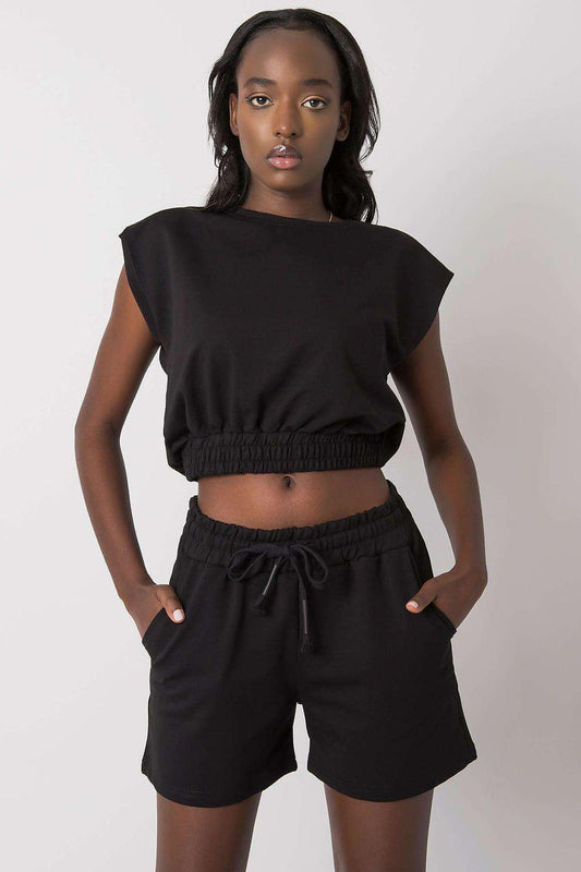 Black two-piece set with cropped cap-sleeve top and drawstring elastic-waist shorts