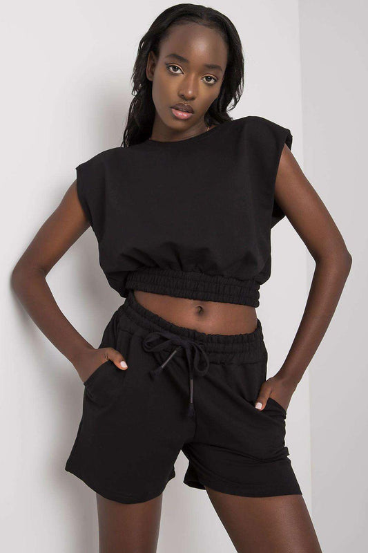 Black two-piece set with cropped cap-sleeve top and drawstring elastic-waist shorts
