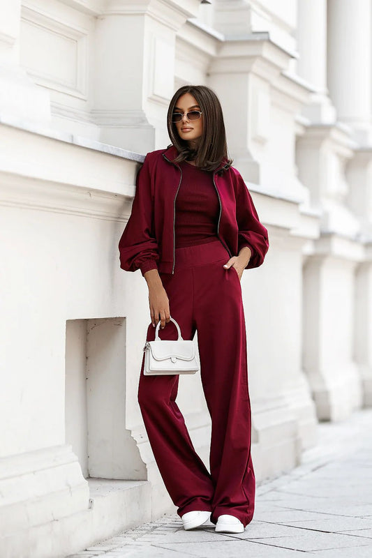 Burgundy cotton tracksuit set with zip-up jacket and matching jogger pants
