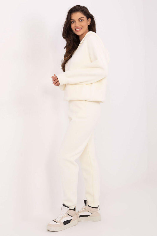 Cream zip-up hoodie and jogger set with hood, front pockets, and cuffs