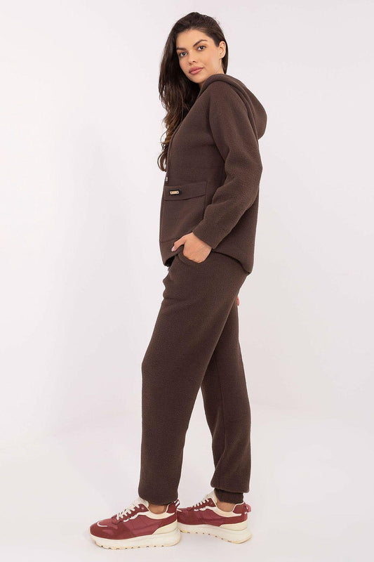 Brown hoodie and matching jogger pants set, side view, zip front, hood with drawstring