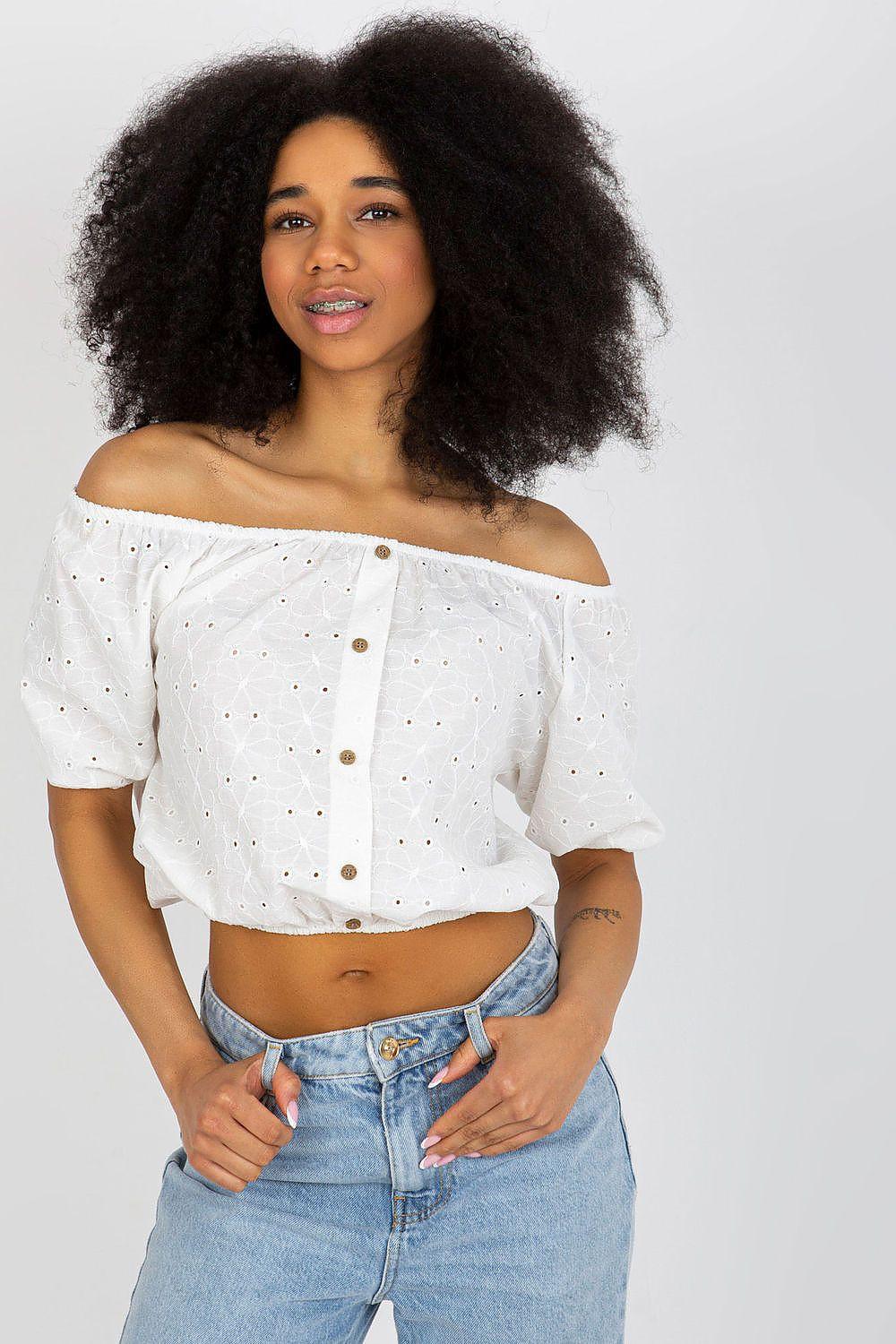 Off-shoulder cotton blouse in white with short sleeves, button front, and eyelet pattern.