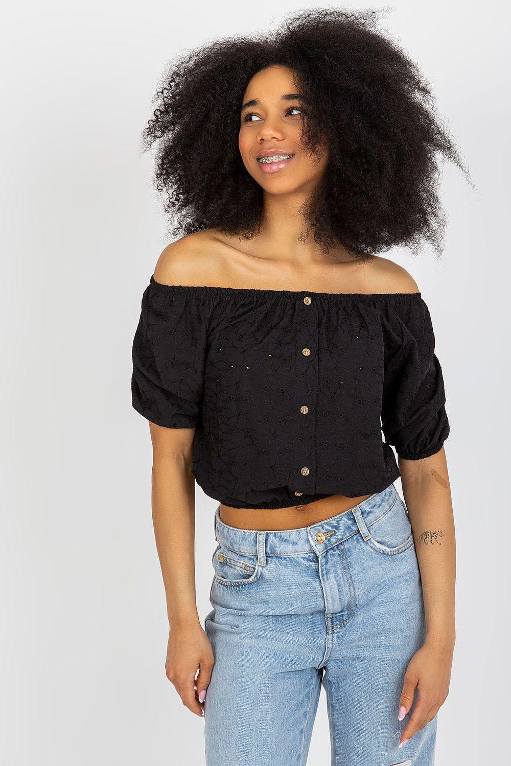 Off-shoulder black blouse with puff sleeves and buttoned front