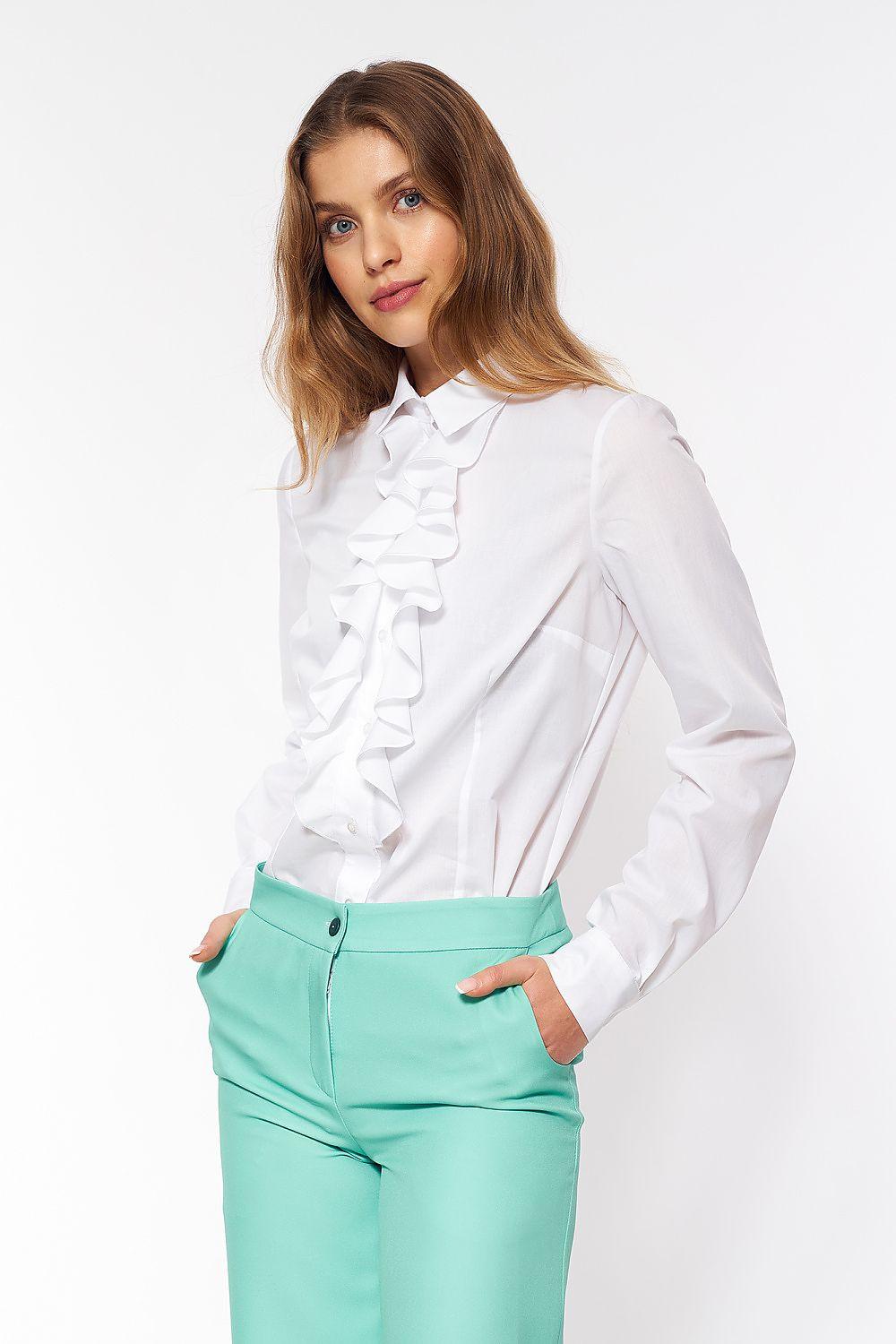 White women's ruffle long-sleeve shirt with button placket and layered ruffles