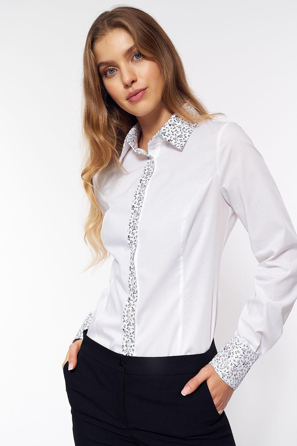 White long sleeve shirt with patterned trim on collar and button placket